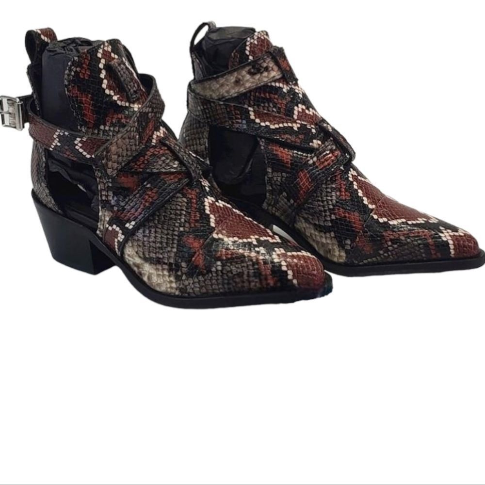 ALL SAINTS "Darcy" Red Leather Snake Print‎ Pointed Toe Buckle Bootie 36